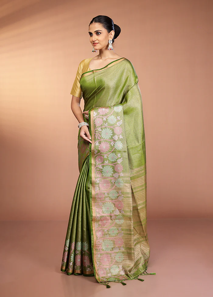 Green Tissue Silk Saree With Blouse Piece - Image 4