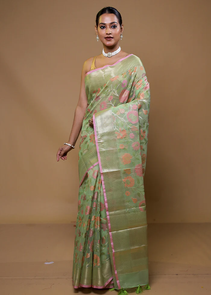 Green Tissue Silk Saree With Blouse Piece - Image 2