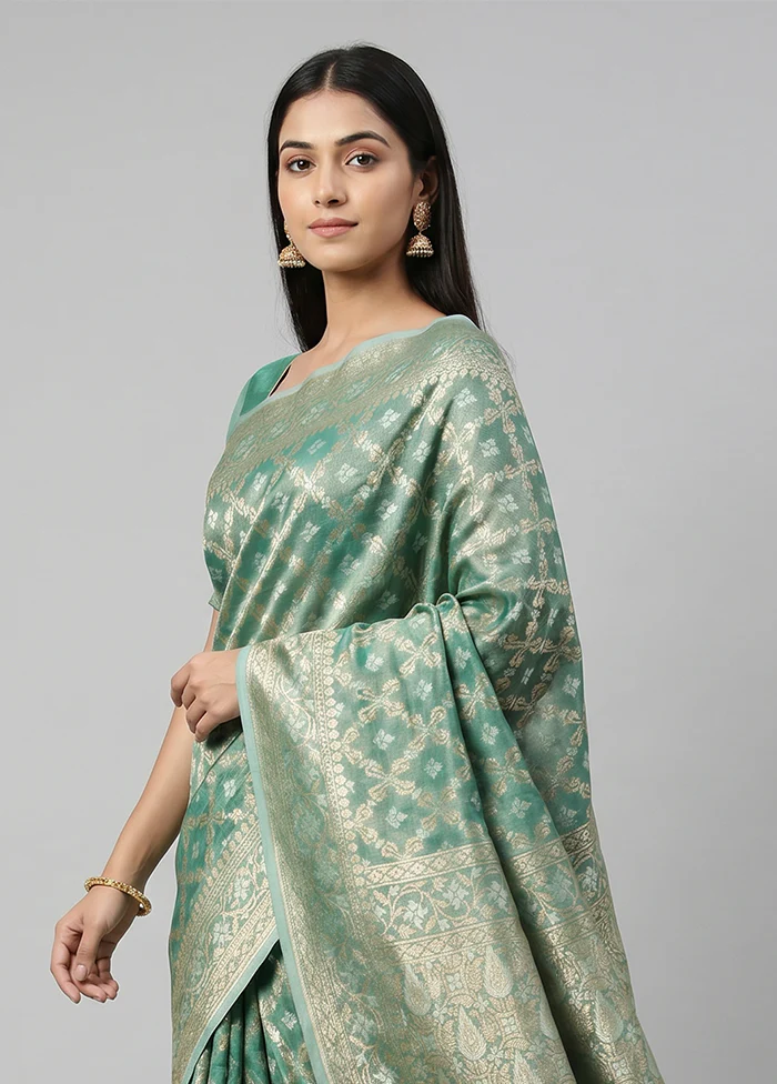Green Tissue Silk Saree With Blouse Piece - Image 2