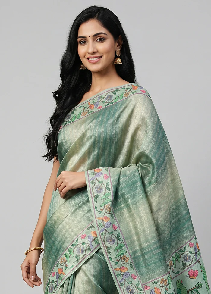 Green Tissue Silk Saree With Blouse Piece - Image 2
