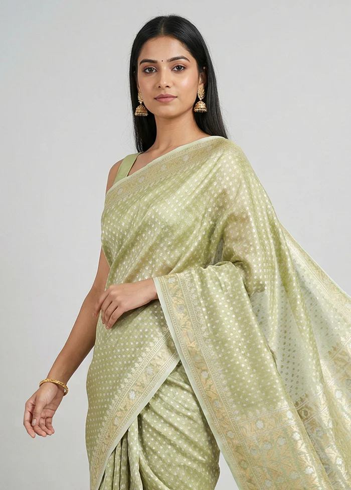 Green Tissue Silk Saree With Blouse Piece - Image 2