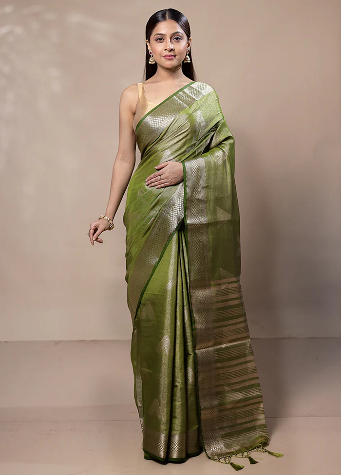 Green Tissue Silk Saree With Blouse Piece - Image 2
