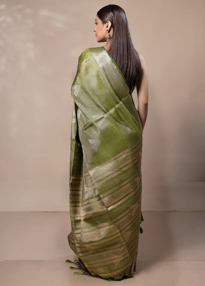 Green Tissue Silk Saree With Blouse Piece - Image 3