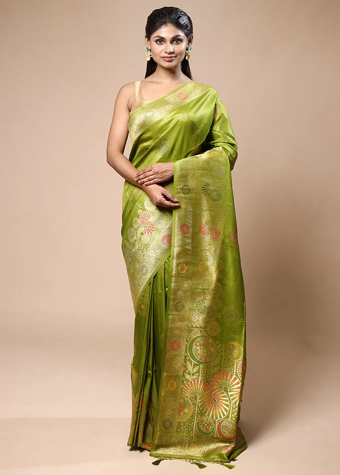 Green Tissue Silk Saree With Blouse Piece - Image 2