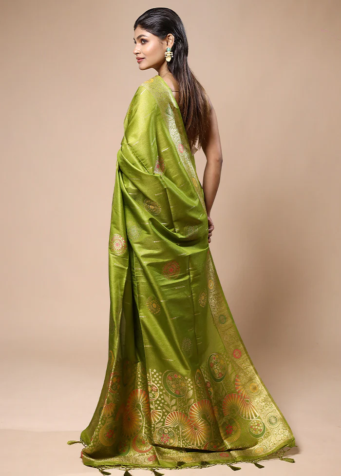 Green Tissue Silk Saree With Blouse Piece - Image 3