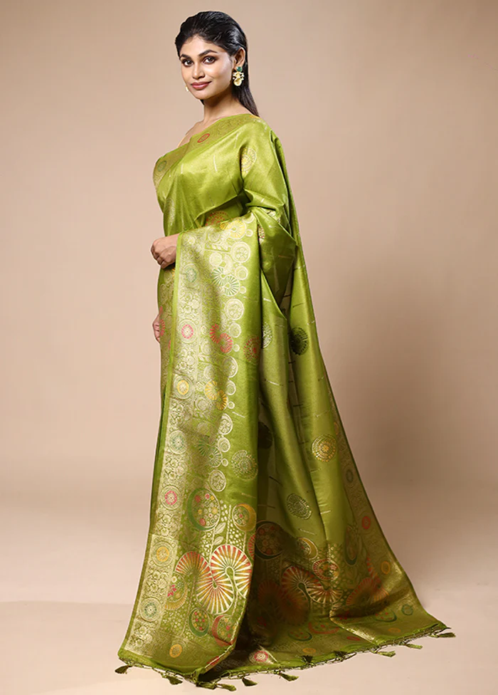 Green Tissue Silk Saree With Blouse Piece - Image 4