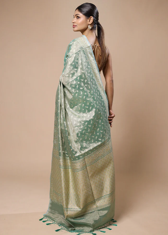 Green Tissue Silk Saree With Blouse Piece - Image 3