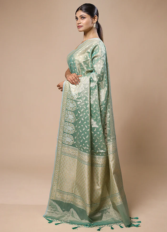 Green Tissue Silk Saree With Blouse Piece - Image 4