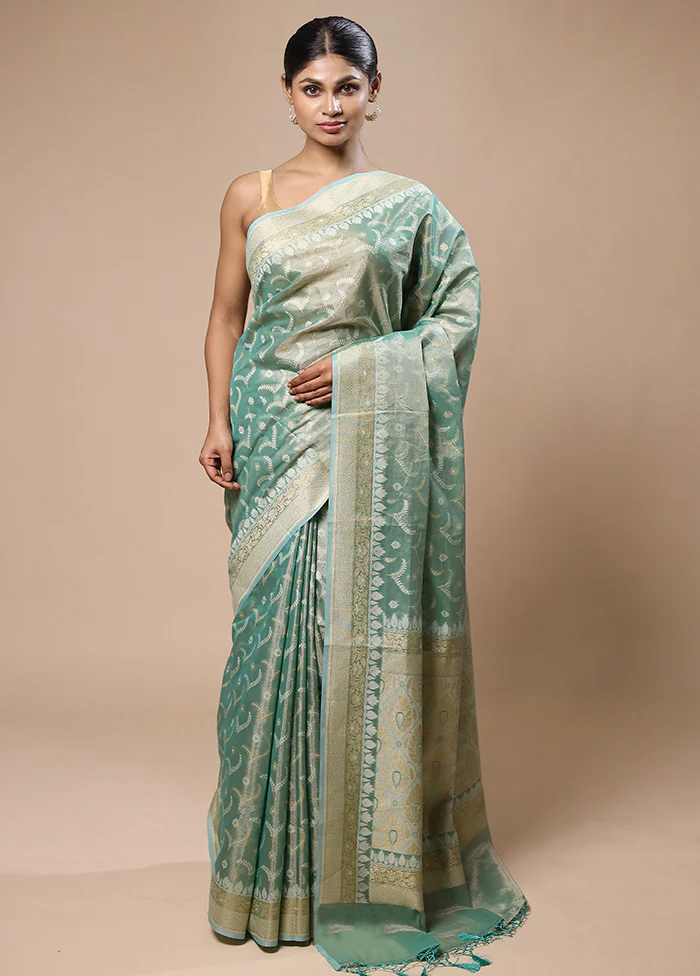 Green Tissue Silk Saree With Blouse Piece - Image 2