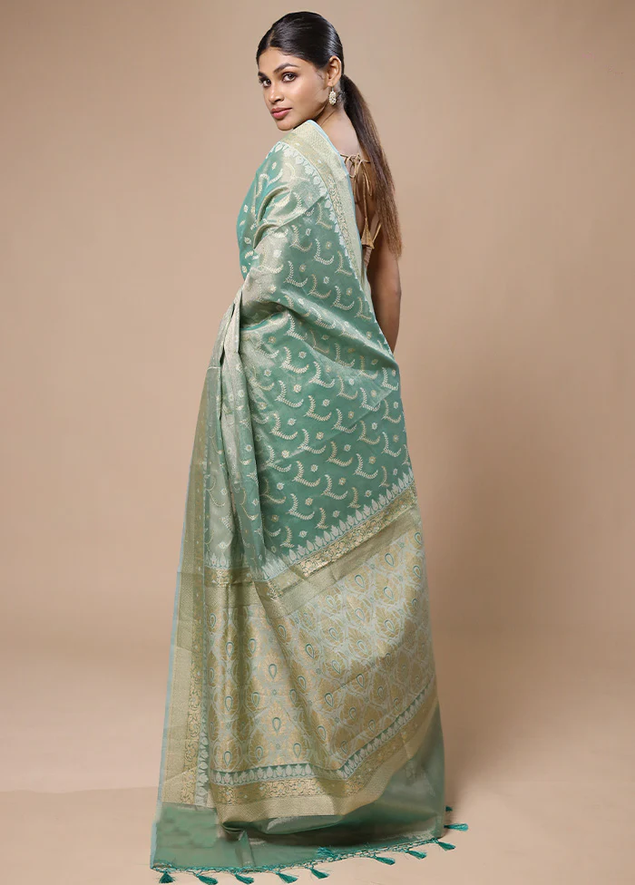 Green Tissue Silk Saree With Blouse Piece - Image 3