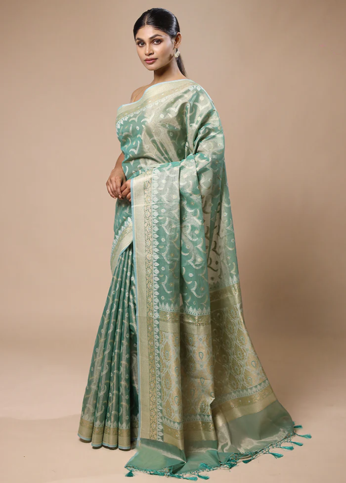 Green Tissue Silk Saree With Blouse Piece - Image 4