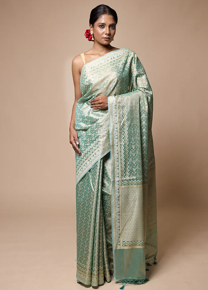 Green Tissue Silk Saree With Blouse Piece - Image 2