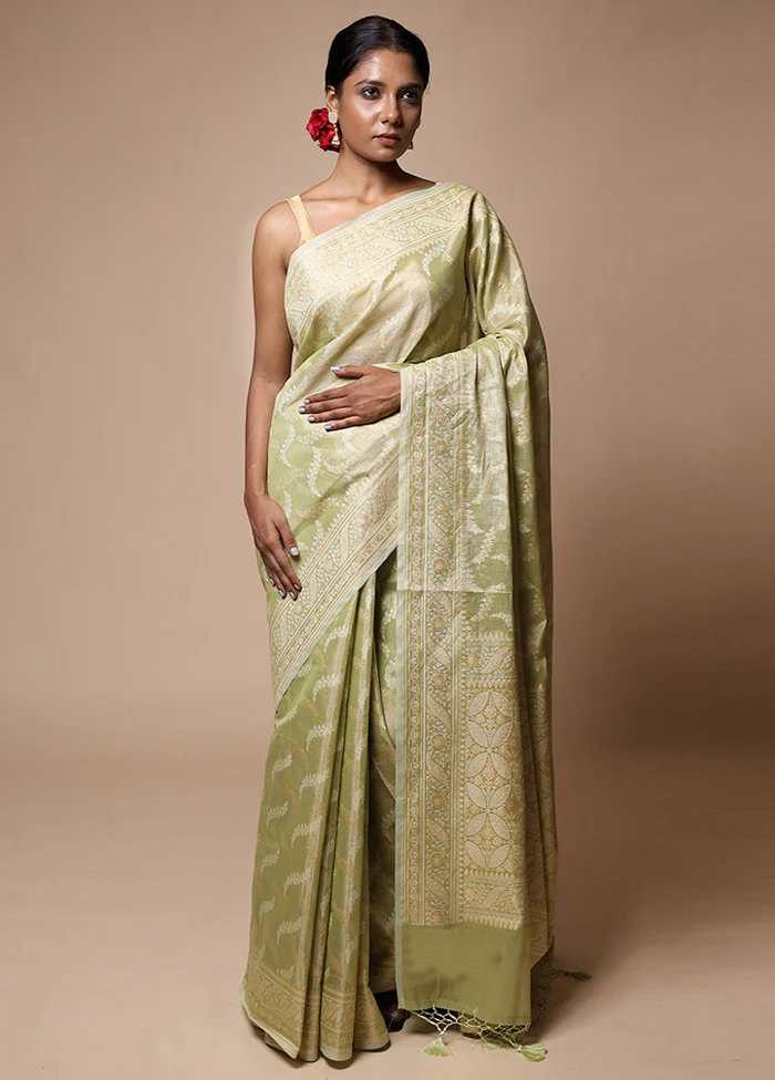 Green Tissue Silk Saree With Blouse Piece - Image 2