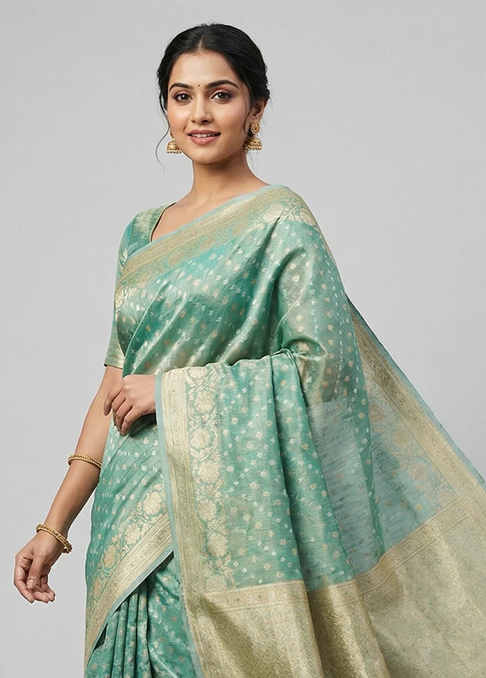 Green Tissue Silk Saree With Blouse Piece - Image 2