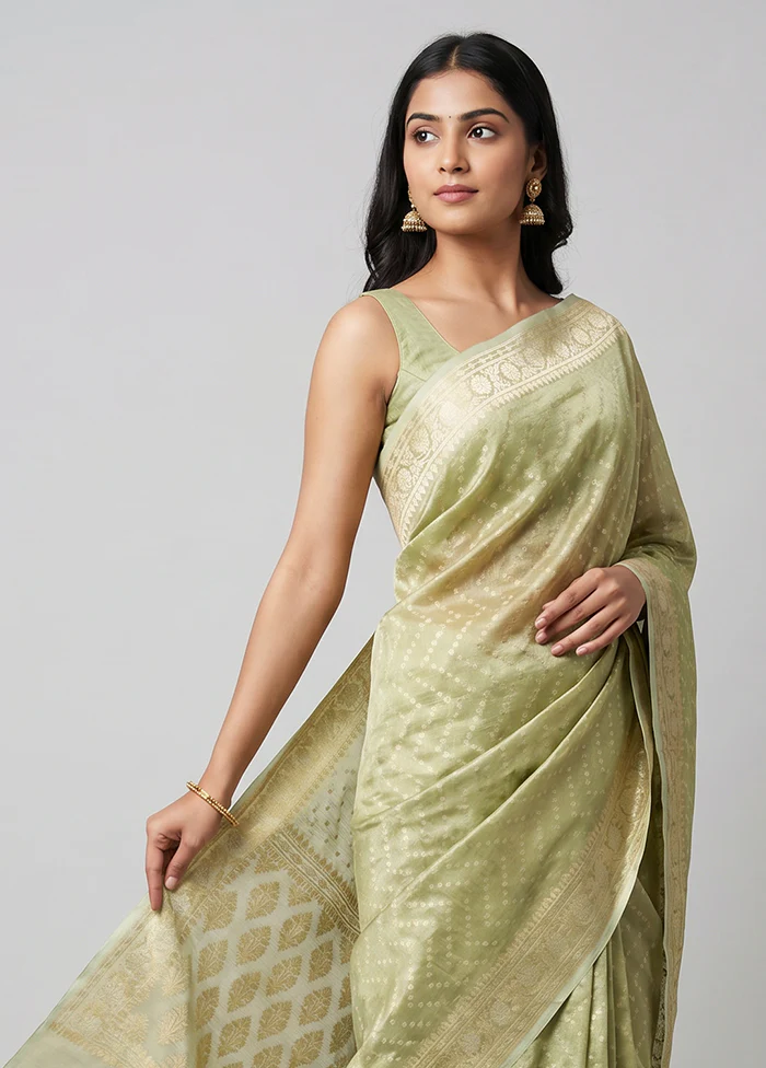 Green Tissue Silk Saree With Blouse Piece - Image 2
