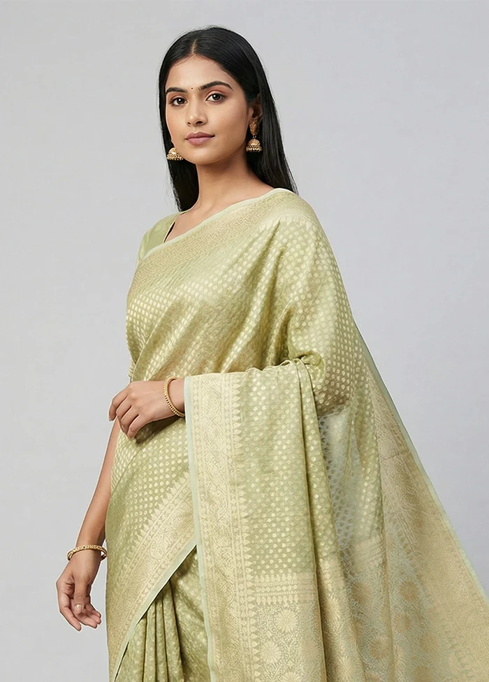 Green Tissue Silk Saree With Blouse Piece - Image 2
