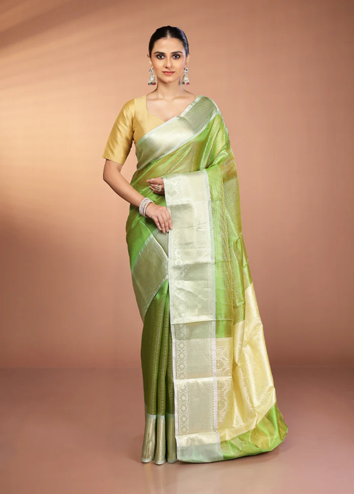 Green Tissue Silk Saree With Blouse Piece - Image 2