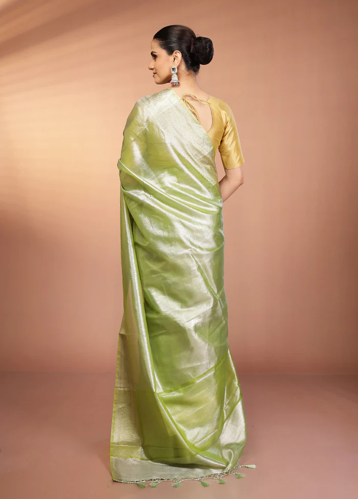Green Tissue Silk Saree With Blouse Piece - Image 3