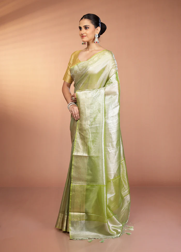 Green Tissue Silk Saree With Blouse Piece - Image 4