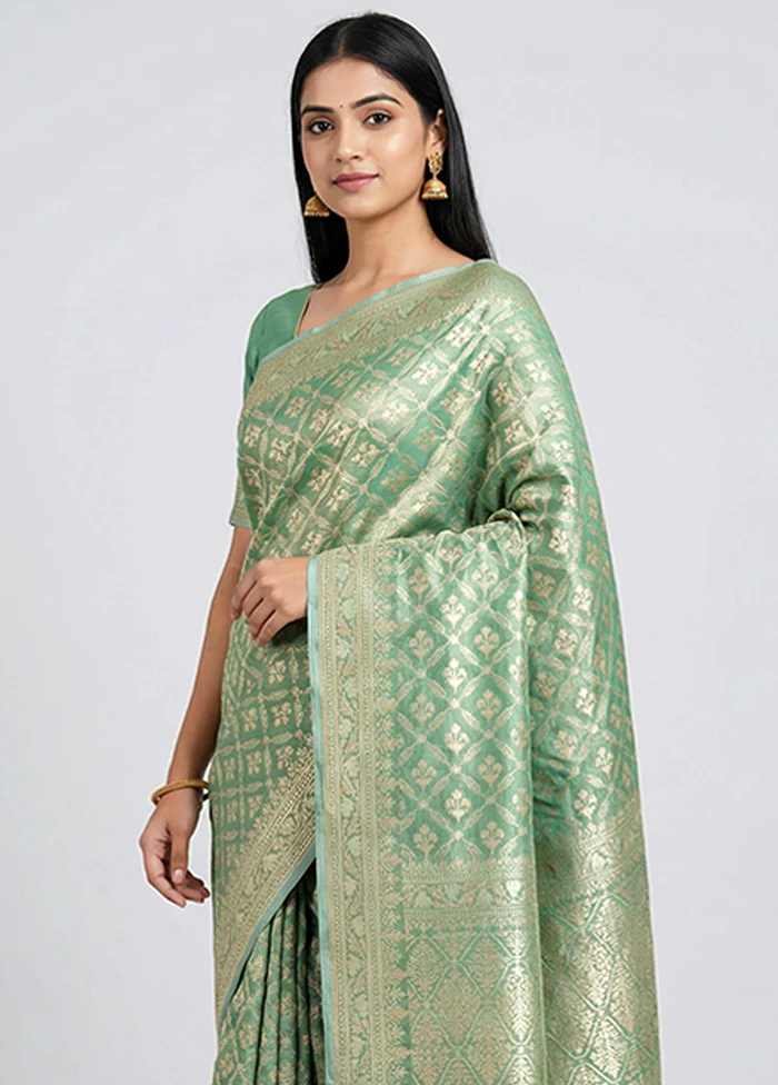 Green Tissue Silk Saree With Blouse Piece - Image 2