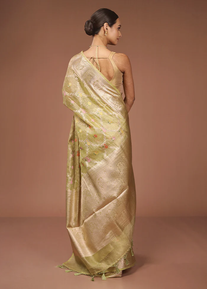 Green Tissue Silk Saree With Blouse Piece - Image 3
