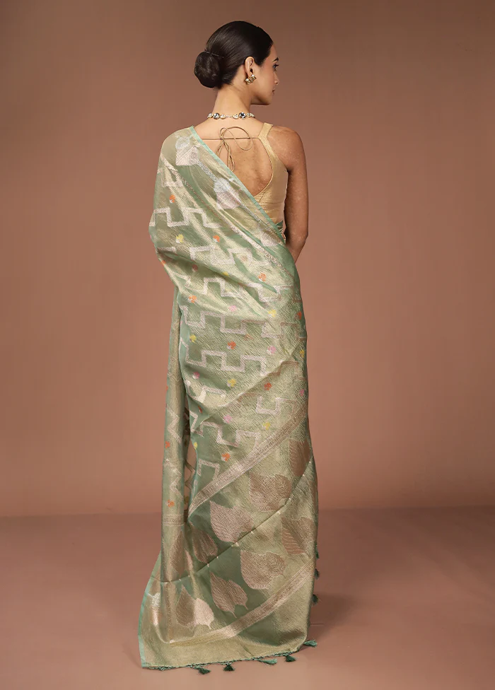 Green Tissue Silk Saree With Blouse Piece - Image 3