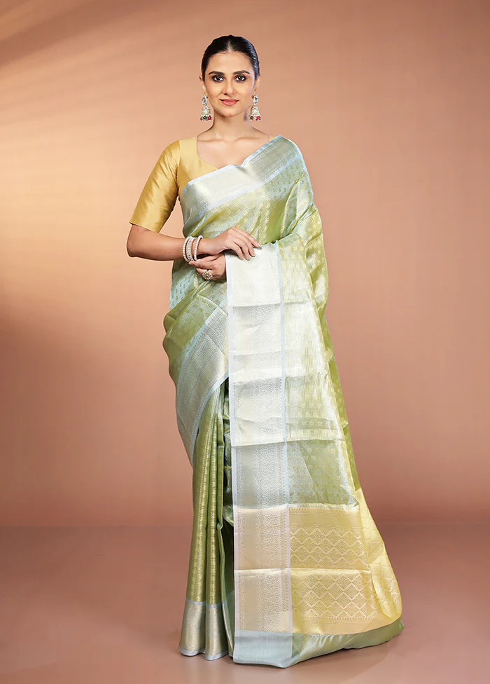 Green Tissue Silk Saree With Blouse Piece - Image 2
