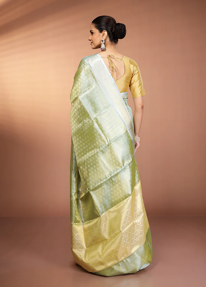 Green Tissue Silk Saree With Blouse Piece - Image 3