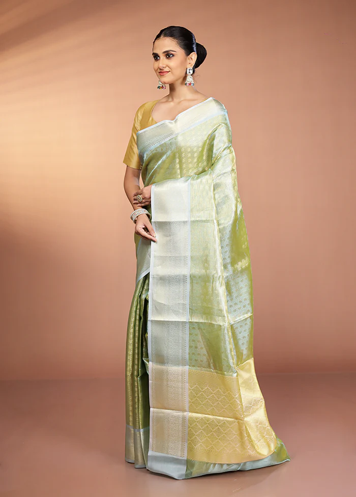 Green Tissue Silk Saree With Blouse Piece - Image 4