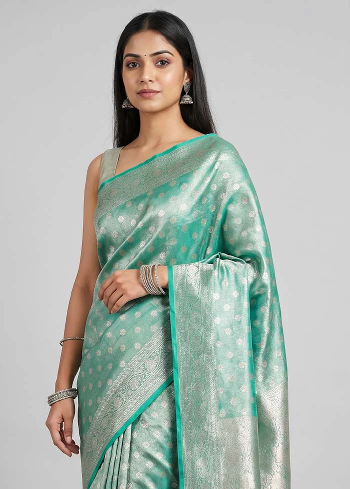 Green Tissue Silk Saree With Blouse Piece - Image 2