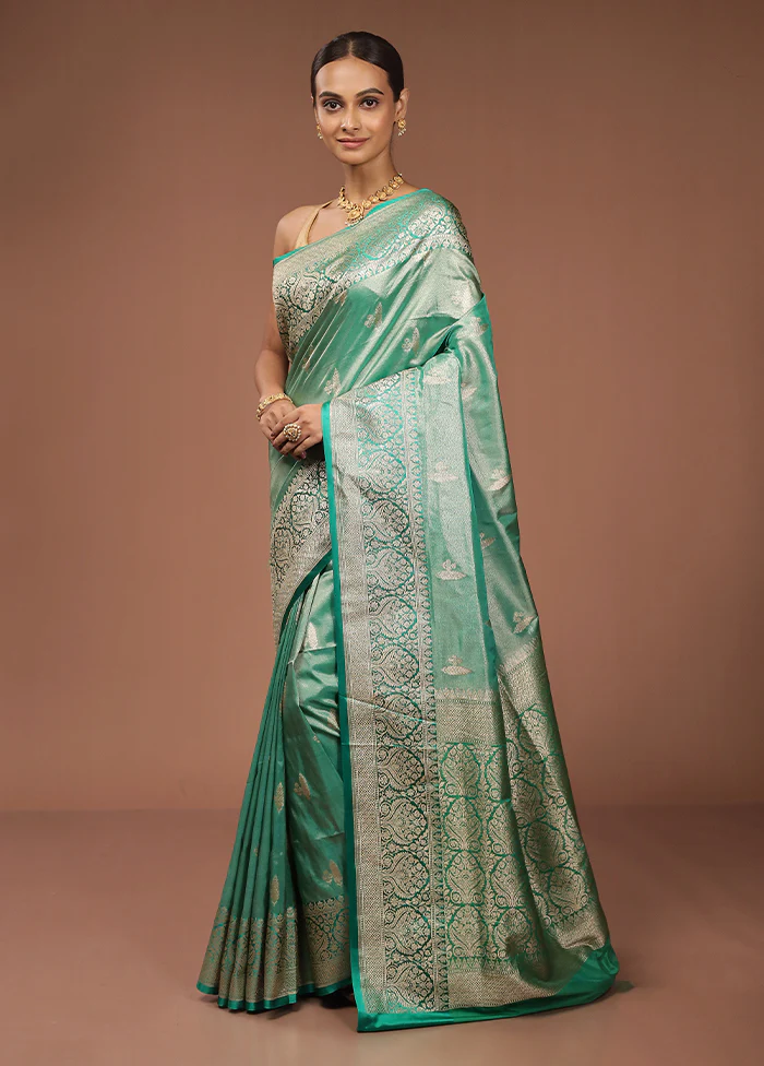 Green Tissue Silk Saree With Blouse Piece - Image 4