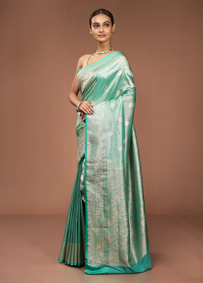 Green Tissue Silk Saree With Blouse Piece - Image 4