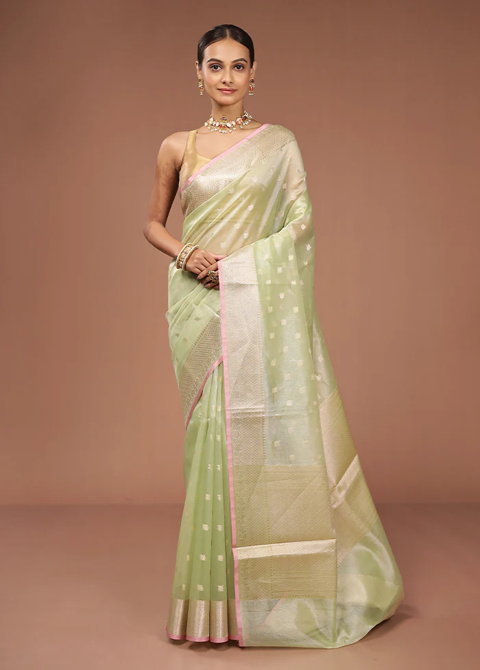 Green Tissue Silk Saree With Blouse Piece - Image 2