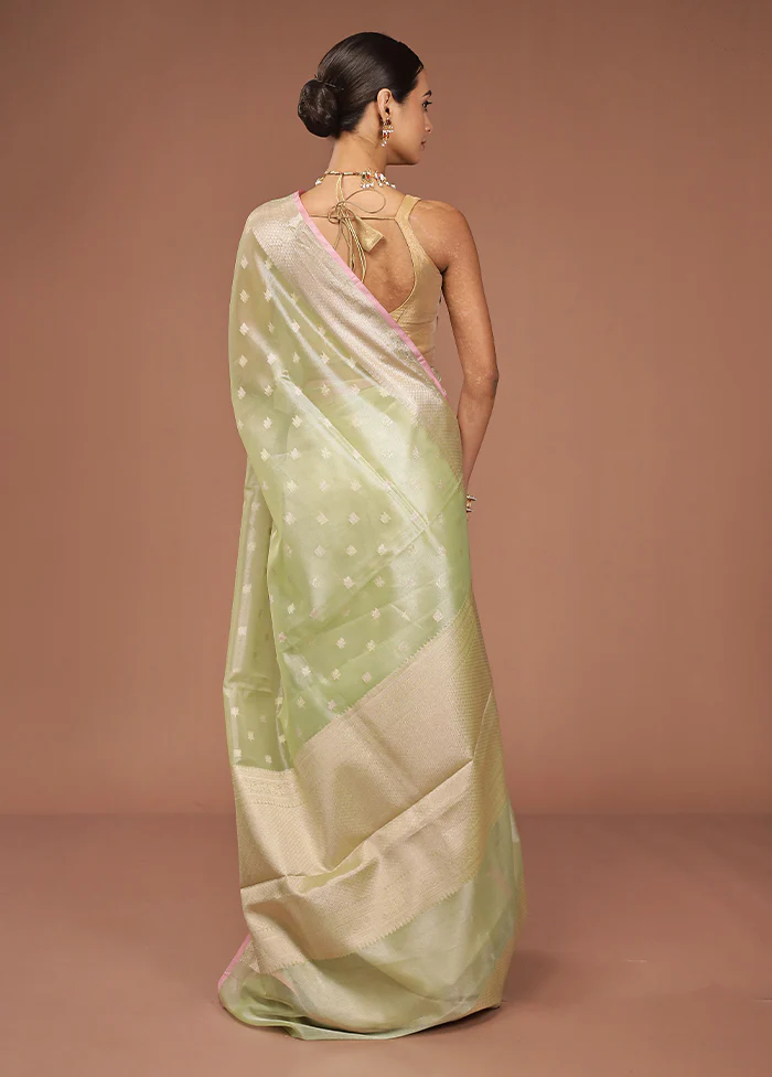 Green Tissue Silk Saree With Blouse Piece - Image 3