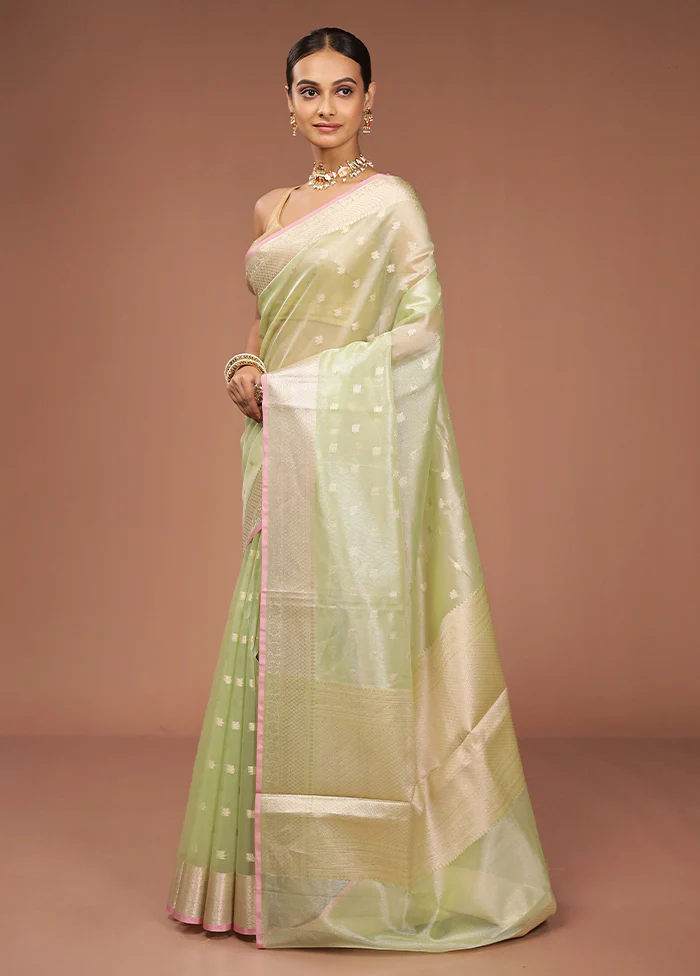 Green Tissue Silk Saree With Blouse Piece - Image 4