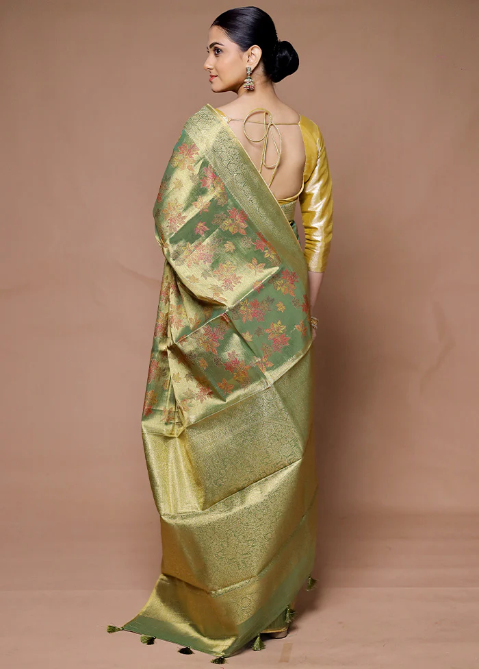 Green Tissue Silk Saree With Blouse Piece - Image 3