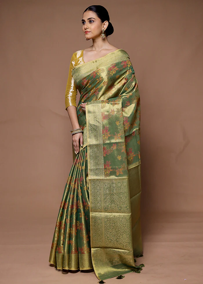Green Tissue Silk Saree With Blouse Piece - Image 4