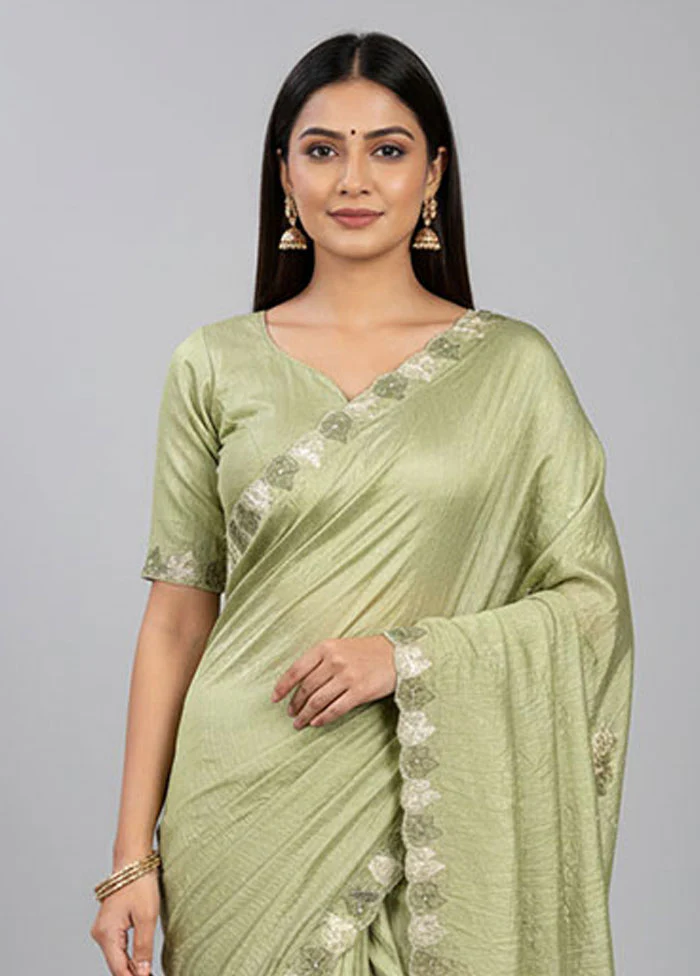 Green Tissue Silk Saree With Blouse Piece - Image 2