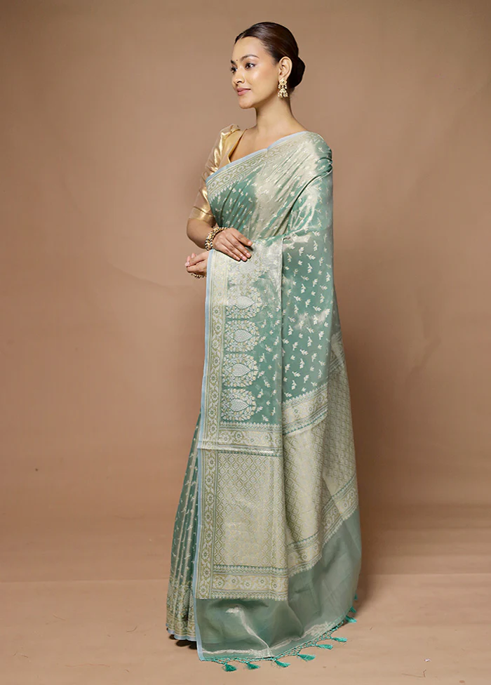 Green Tissue Silk Saree With Blouse Piece - Image 4