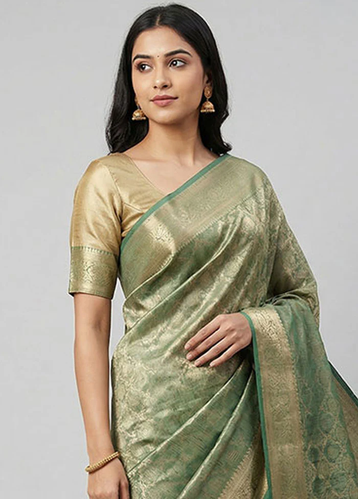 Green Tissue Silk Saree With Blouse Piece - Image 2