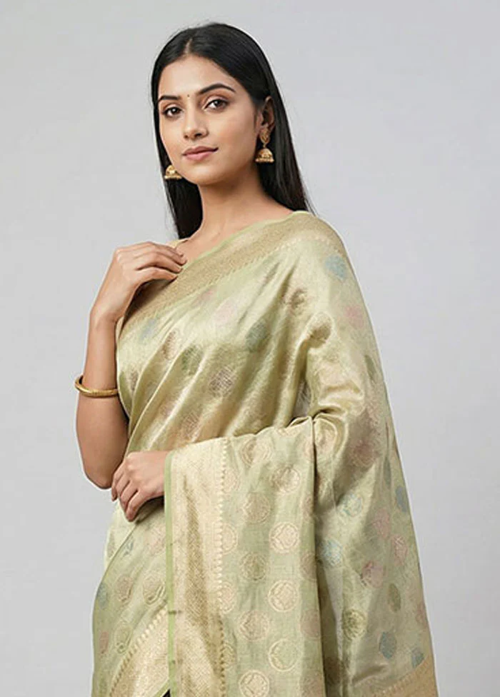 Green Tissue Silk Saree With Blouse Piece - Image 2