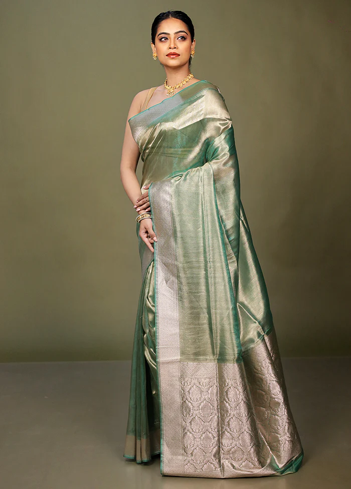 Green Tissue Silk Saree With Blouse Piece - Image 4