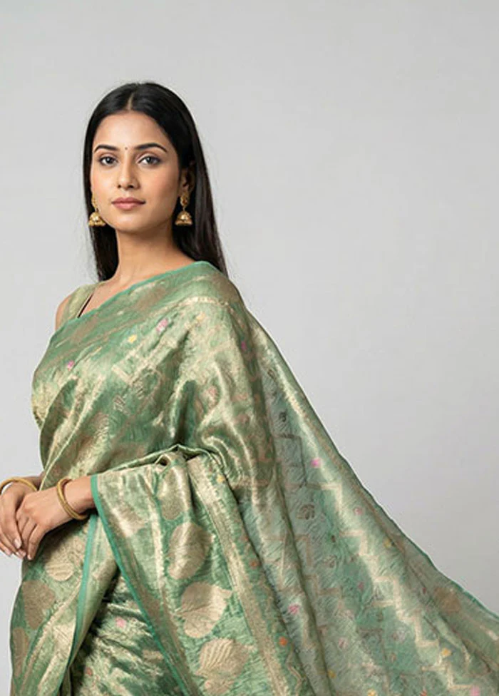 Green Tissue Silk Saree With Blouse Piece - Image 2