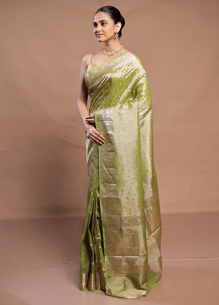 Green Tissue Silk Saree With Blouse Piece - Image 4