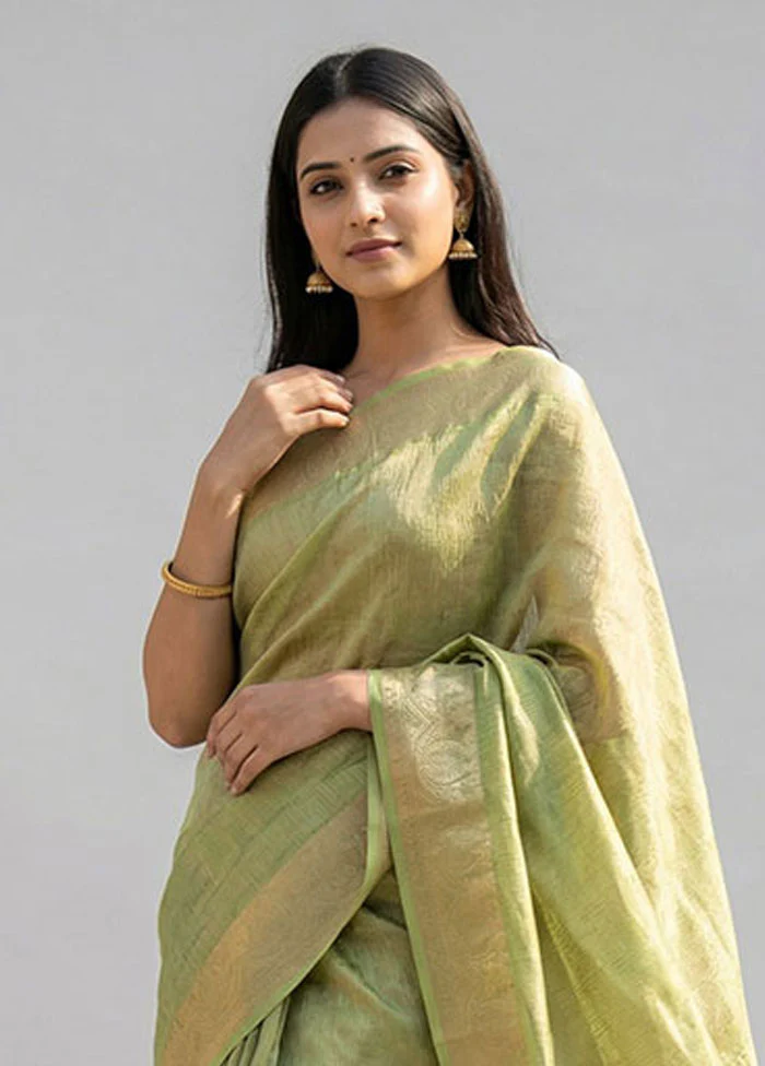 Green Tissue Silk Saree With Blouse Piece - Image 2