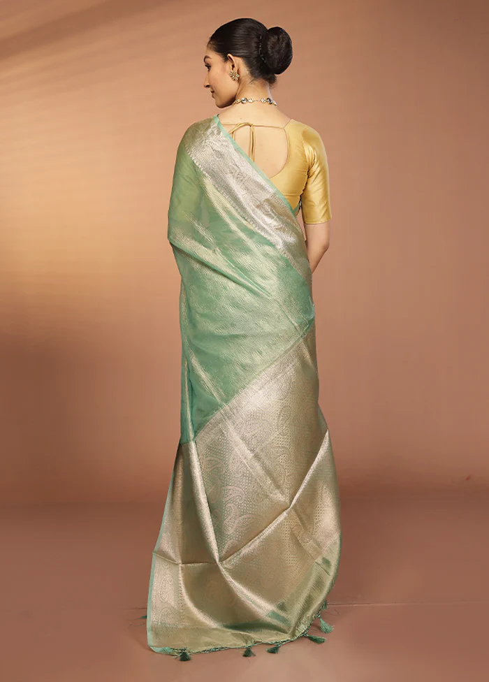 Green Tissue Silk Saree With Blouse Piece - Image 3