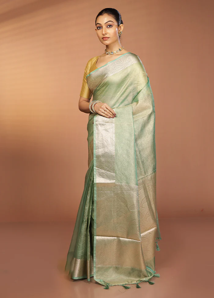 Green Tissue Silk Saree With Blouse Piece - Image 4