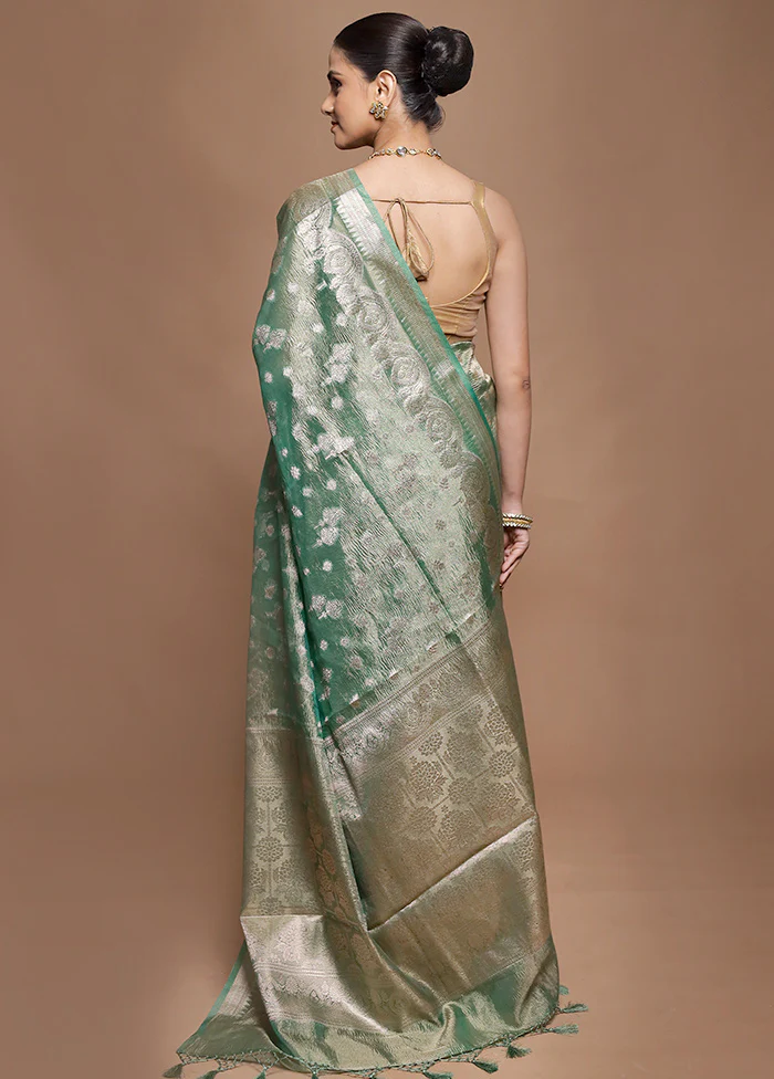 Green Tissue Silk Saree With Blouse Piece - Image 3