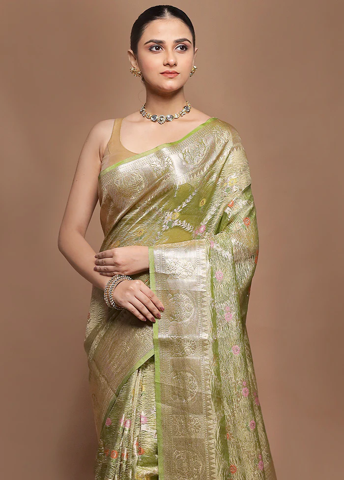 Green Tissue Silk Saree With Blouse Piece - Image 2