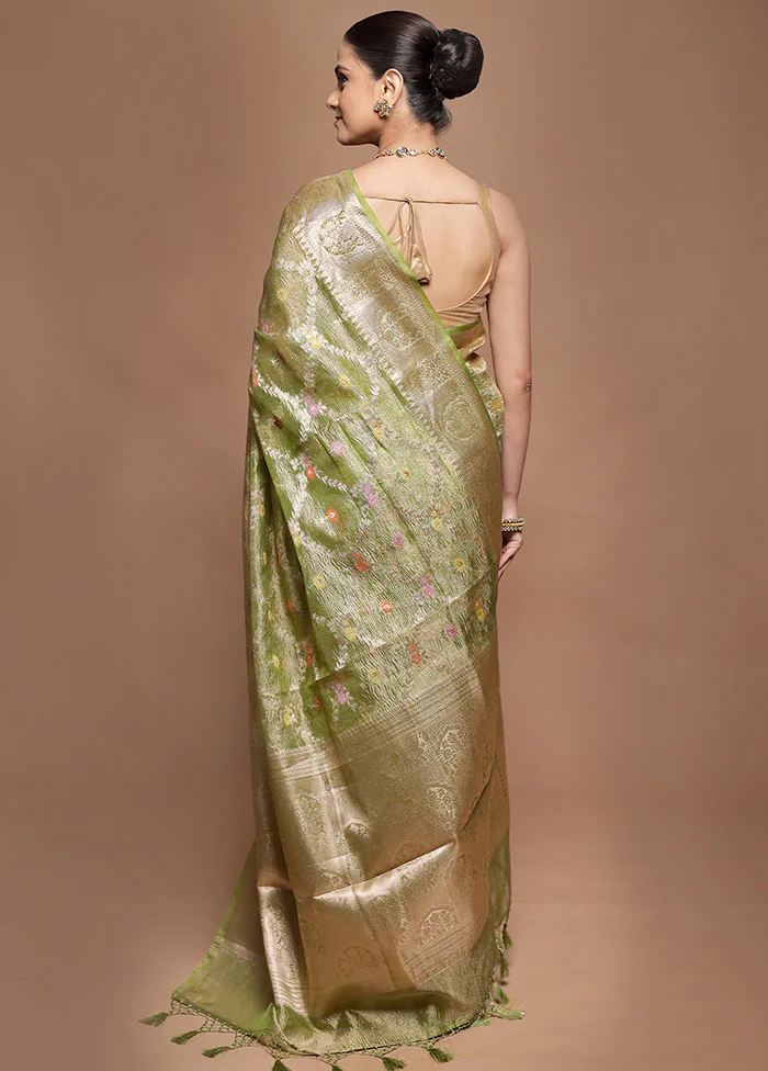 Green Tissue Silk Saree With Blouse Piece - Image 3